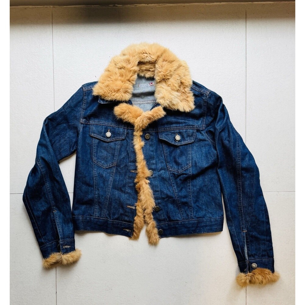 Vintage Oxyho Rabbit Fur Trim Denim Jacket Womens XS Blue Y2K Sherpa P2P 18.5”